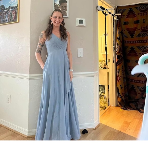 Sleeveless Dusty Blue Bridesmaid Wedding Dress with pockets and lace up back - Picture 2 of 10